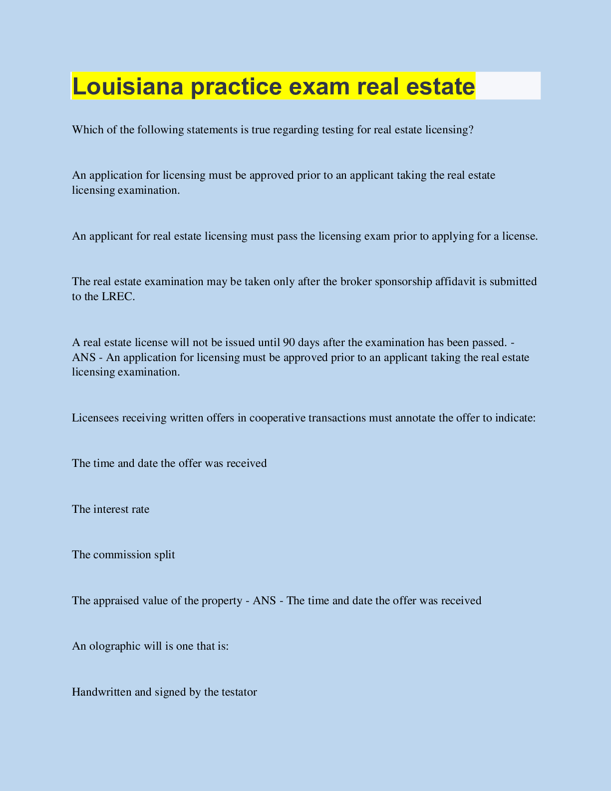 Florida real estate state exam questions and answers 100 pass Browsegrades